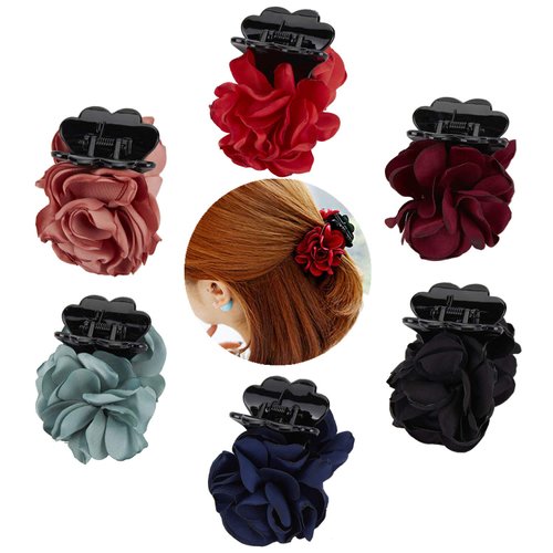 Lawie 6 Small Pack Black Red Pink Green Rose Flower Bows Banana Plastic Hair Claw Ponytail Holder Clips Jaw Barrettes Grips Clamps Buns Chignon Accessories for Women Girl