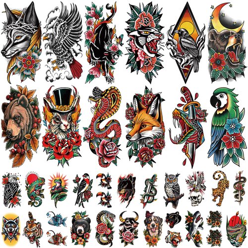 77 Sheets Classic Temporary Tattoo, Old School Animal Temporary Tattoos Wolf Snake Bear Fox Horse Owl Leopard Crow Eagle for Men Women Girls, Traditional Half Arm Fake Tattoos for Adults Arm Neck