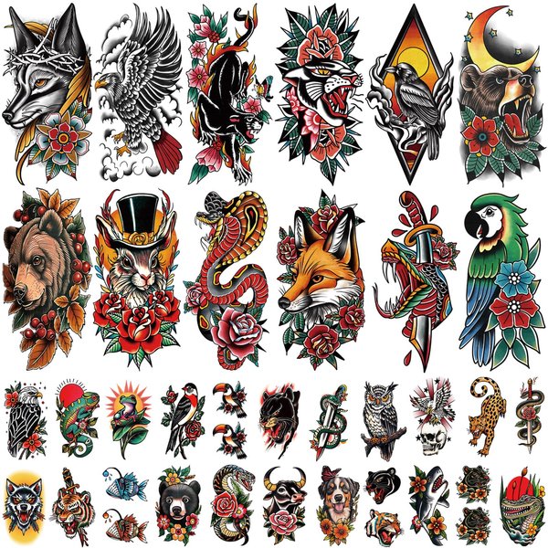 77 Sheets Classic Temporary Tattoo, Old School Animal Temporary Tattoos Wolf Snake Bear Fox Horse Owl Leopard Crow Eagle for Men Women Girls, Traditional Half Arm Fake Tattoos for Adults Arm Neck