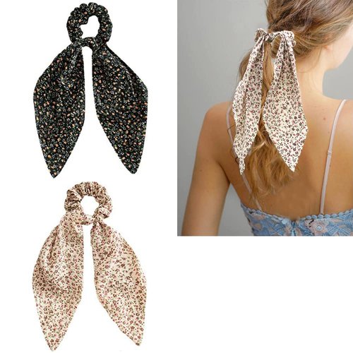 Hair Scarf Ribbon Scrunchies Ties Long Tail Bow Scrunchie Ponytail Holder Knotted Floral Flower Hair Bands Elastic Bunny Ear Vintage Chiffon Scrunchy for Women Girls Black Green/White Pink