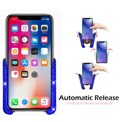 KEEPFINE Bling Crystal Car Phone Mount with Free Glasses Holders for Car Sun Visor,Universal Cell Phone Holder for Dashboard,Windshield and Air Vent,Bling Car Accessories for Women(Blue)