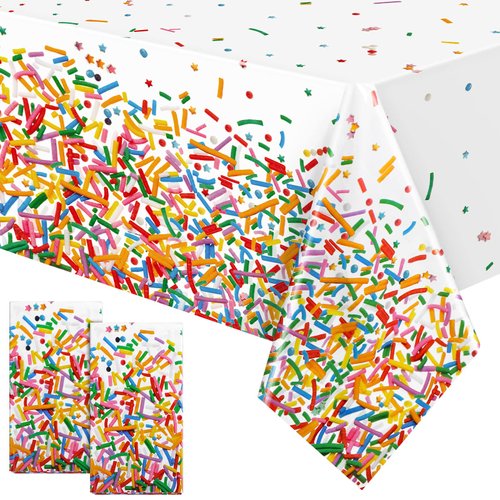 durony 2 Pieces Confetti Sprinkle Tablecloth Disposable Plastic Rectangle Sweet Candy Party Table Cover for Birthday Wedding Party Ice Cream Theme Party Supplies