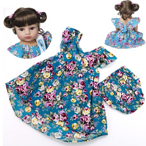 Reborn Baby Girl Doll Clothes 22 inch Newborn Blue Floral Printed Dress for 22-24 Inch Reborn Doll