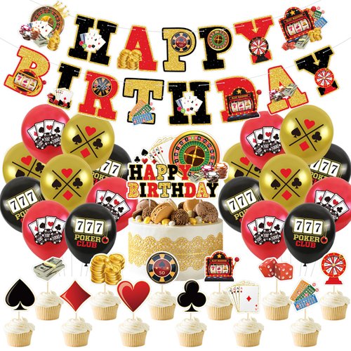 Casino Theme Birthday Party Supplies Las Vegas Theme Party Decorations Kit Poker Happy Birthday Banner Cupcake Toppers Balloons for Boys and Girls