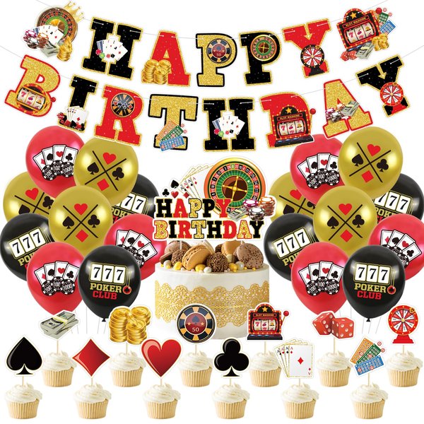 Casino Theme Birthday Party Supplies Las Vegas Theme Party Decorations Kit Poker Happy Birthday Banner Cupcake Toppers Balloons for Boys and Girls