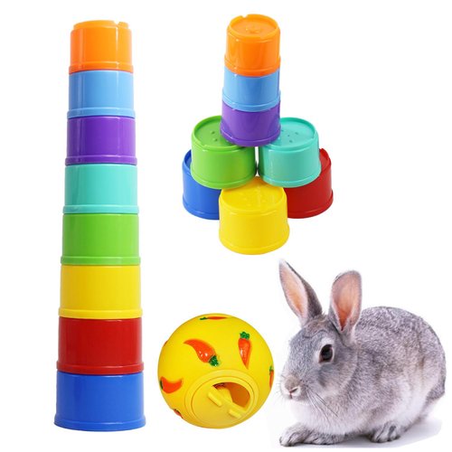 PKEAFC 9 Pack Rabbit Stacking Cups and Bunny Treats Balls Multi-Colored Bunny Stacking Cups 8 Sizes Rabbit Toys for Rabbits Guinea Pig Small Animals Enrichment Toys for Hiding Food and Playing
