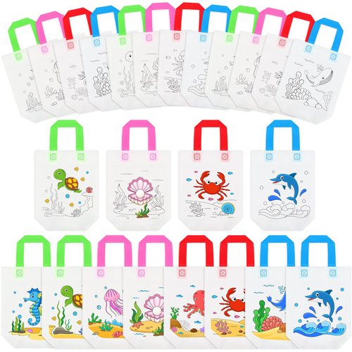 Kajaia 24 Pcs Ocean Animal Coloring Goodie Bags with 13 Pcs Coloring Markers Non Woven Coloring T...
