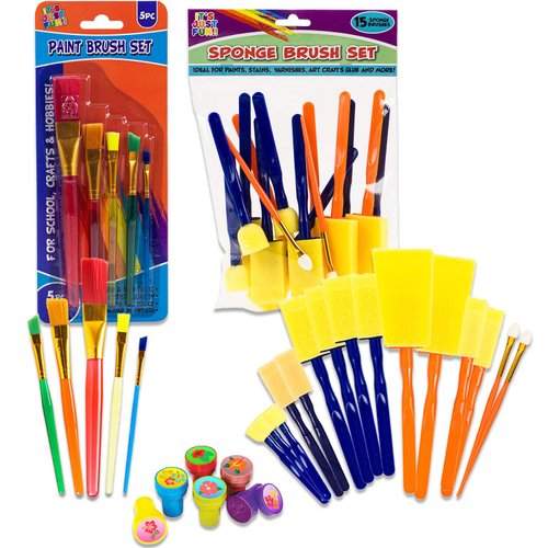 Paint Brushes Variety Pack - Bundle of 20 Assorted Sizes Bristle Brushes and Sponge Brushes with Grip for Kids Plus Stamps | Bulk Paint Brush Kit