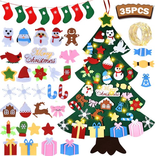 3.4FT Felt Christmas Tree Set| with 34pcs Ornaments for Kids Xmas Door Wall Hanging Decorations Perfect Kids Gifts Party Supplies
