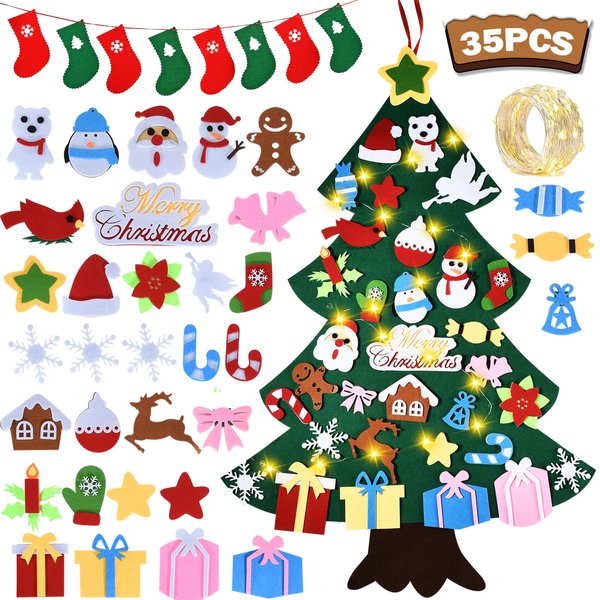 3.4FT Felt Christmas Tree Set| with 34pcs Ornaments for Kids Xmas Door Wall Hanging Decorations Perfect Kids Gifts Party Supplies