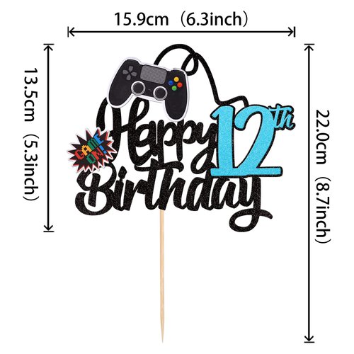1 PCS Video Game Happy 12th Birthday Cake Topper Glitter Video Game Cake Pick Game On Controllers Twelve Cheers to 12 Years Cake Decoration for Happy 12th Birthday Party Supplies Blue