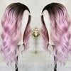 CIMITIKI Ombre Pinkish Mixed Purple Wig Rainbow Colored Highlight Synthetic Hair Pastel Rose Pink 13x4 Lace Front Wigs Loose Wavy 18Inch for Women Girls