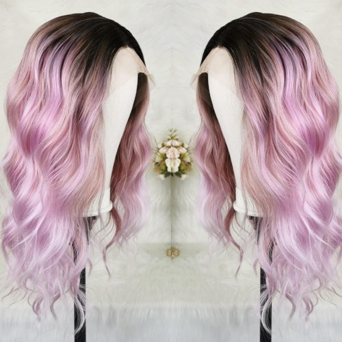 CIMITIKI Ombre Pinkish Mixed Purple Wig Rainbow Colored Highlight Synthetic Hair Pastel Rose Pink 13x4 Lace Front Wigs Loose Wavy 18Inch for Women Girls