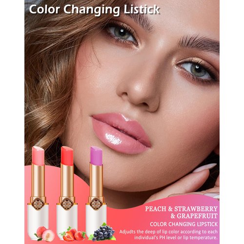 Color Changing Lipstick Queen Set-Strawberry Peach Grape Labiales Magico Lip Balm Lip Stain,Hydrating Lip Tinted Gloss,Long Lasting Waterproof PH Mood Magic Temperature Color Change Lipstick for Women