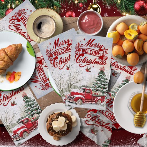 100Pcs Christmas Guest Napkins, Christmas Paper Napkins, Christmas Truck Guest Napkins, Christmas Disposable Paper Decorative Guest Napkins for Christmas Dinner Party Supplies