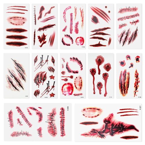 Oruola 12Sheets Halloween Zombie Temporary Tattoos,Realistic Temporary Tattoos,Fake Tattoos,Horror Stickers,Wound Stitch Scar Scab Waterproof Halloween Stickers,Masquerade Prank Makeup Props