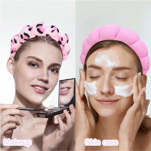 Wecoe 2pcs Skincare Headband For Washing Face Spa Makeup Face Wash Headband Cute Pink Black Cheetah Leopard Printed Puffy Sponge Bubble Headband Hair Accessories For Women Girls Kids Teens Gifts