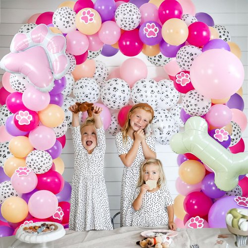 Dog Balloon Arch Garland, Pink Purple Dog Print Balloons with Bone Foil Balloons for Dog Birthday Decorations Girls Birthday Pet Dog Party Supplies