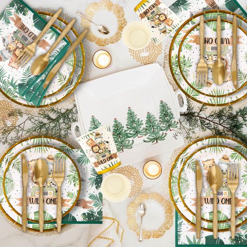 Wild One Birthday Decorations Tableware Set - Safari Party Supplies Include Plates, Napkins Cups Cutlery for Safari Animal Jungle Theme Wild One Party Supplies Deco | Serve 24
