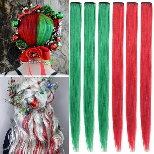 Christmas Colored Hair Extensions 21 inch Red Green Long Straight Hairpieces Clip in Synthetic for Kids Girls Women Christmas Party Supplies（6 pcs）
