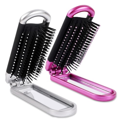 Sliverdew Travel Hair Brush, 2 Pieces, Folding Hair Brush with Mirror, Compact Hair Comb, Portable, Collapsible Pocket Brush, Small, for Women, Silver & Purple
