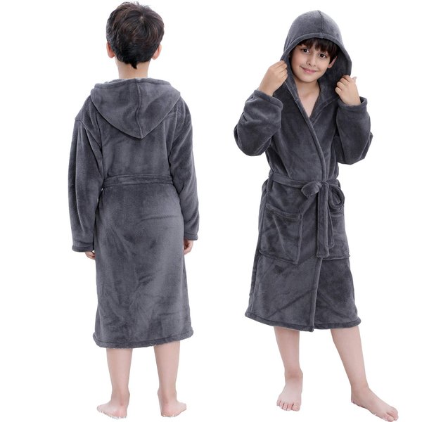 Hooded Herringbone Boy's Fleece Grey Soft Spa Kimono Long Robe, Kids Comfy Sleepwear Bathrobe(10-12 Year)