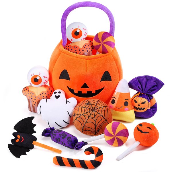 11 Pcs Halloween Pumpkin Set Halloween Plush Toys Stuffed Pumpkin Plush Ghost Candy Corn Bat Pumpkin Baskets Halloween with Handles for Halloween Party Decoration Gift Bag