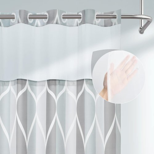 Yiatn No Hook Grey Small Stall Shower Curtain with Snap in Fabric Liner Set - Hotel Style with See Through Mesh Top Window, Modern Geometric Waterdrop Design,Water-Repellent & Washable, 36x74 INCH