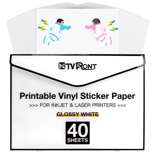 HTVRONT Printable Vinyl for Inkjet Printer & Laser Printer - 40 Pcs Glossy White Inkjet Printable Vinyl Sticker Paper, 8.5"x11"