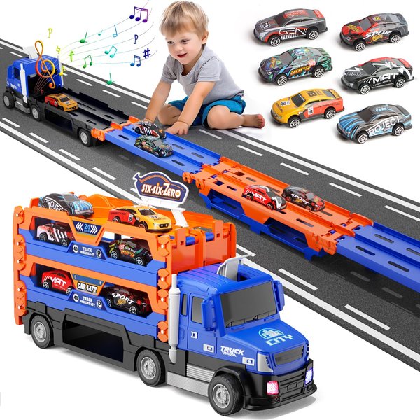 SJIADA Truck Race Track Toys for Kids,55 Inch Race Track and 6 Die-Cast Metal Toy Cars,Truck Toys with Lights & Sounds, Toddler Truck Toy Gifts for 3 4 5 6 7 Years Old Boys and Girls