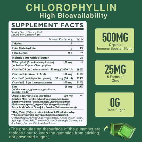 Sugar Free Chlorophyll Gummies - with Unfiltered ACV, Sea Moss & Elderberry, Echinacea, Vitamin D3, C, E, B12 - Natural Deodorant, Breathe Fresh, Immune & Digestion Support, Vegan Delicious Chews 60Ct