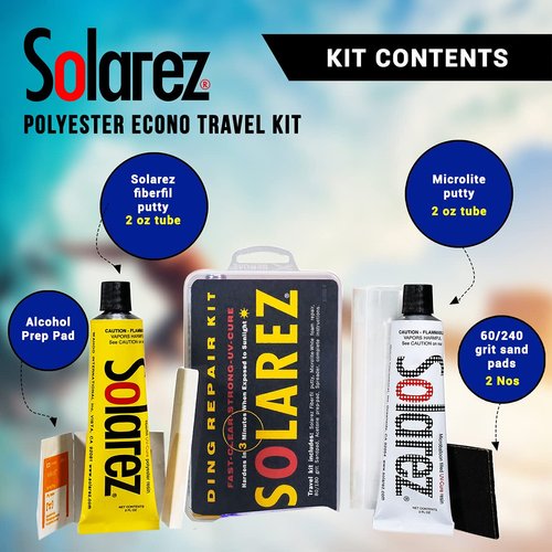 SOLAREZ UV Cure Surfboard Ding Repair Econo Travel Kit - Polyester Resin and Polyester Microlite Filler + Sanding pad + Spreader Card - Repair on The Go! ~Made in The USA