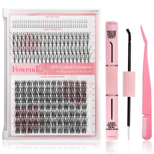 Fowendia Lash Clusters Kit DIY Lash Extension Kit Individual Cluster Eyelash Extensions D Curl Kit with Bottom Lashes Wispy, Lash Bond and Seal Glue, Lash Tweezers at Home (3 Styles, FX01)
