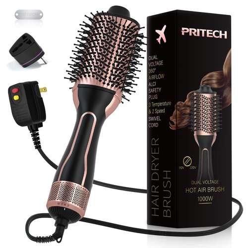 Dual Voltage Hair Dryer Brush, PRITECH Hot Air Brush 110V-120V/220V-240V Ionic 1000W Blow Dryer Brush 4 in 1 Styler, One Step Volumizer, Styling Brush for Straight and Curling Hair Salon