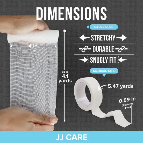 JJ CARE Gauze Rolls Pack of 24, Individually Wrapped Gauze Bandage Roll, with Bonus Medical Tape, 4 inches x 4.1 Yards Rolled Gauze, Latex Free & Stretchable Gauze Rolls