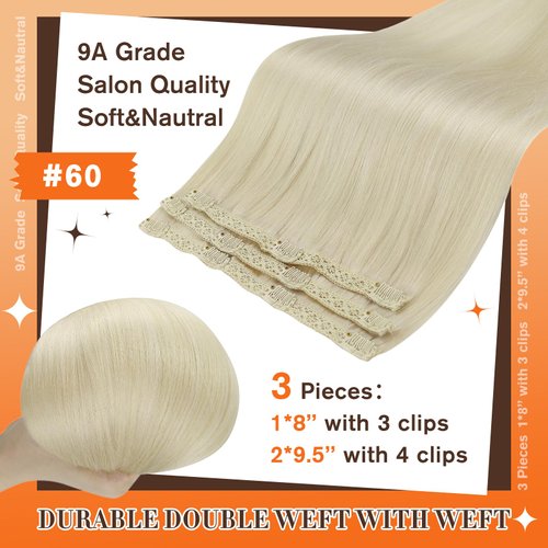 Full Shine Short Blonde Clip in Hair Extensions Human Hair Platinum Clip in Hair Extensions 3Pcs/Set Natural Extensions Human Hair Clip ins 60 Grams 10 Inch