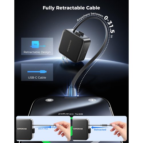 [2024 Upgraded] Retractable i Phone 16/15 Charger, SUPERONE PD 20/30W USB C Wall Charger Block with Retractable 2.6Ft Fast Charging Cable for iPhone 16 15 Pro Max Plus, Galaxy, Pixel, Pad and More