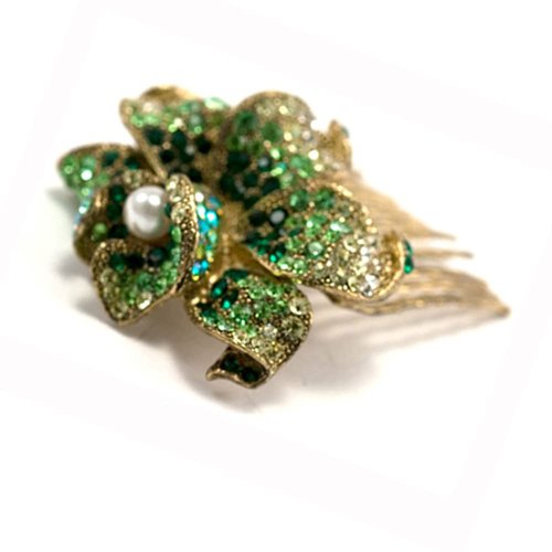 Medium Decorative Hair Comb Rhinestone Crystal Rose Simulated Pearl Bridal Hair Comb, Green