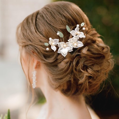 HINZIC 5PCS Camellia Flower Tassels Hairpins Crystal Pearl Hair Clips Combs Vintage Chinese Japanese Hanfu Jewelry Wedding Bridal Headpiece Accessories for Women Updo Long Hair