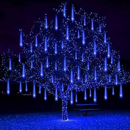 Adecorty Outdoor Christmas Lights Meteor Shower Lights UL Certified 8 Tubes 192 LED Snow Falling Rain Drop Lights Dripping Icicle String Lights for Christmas Tree Decorations Xmas Wedding Party, Blue