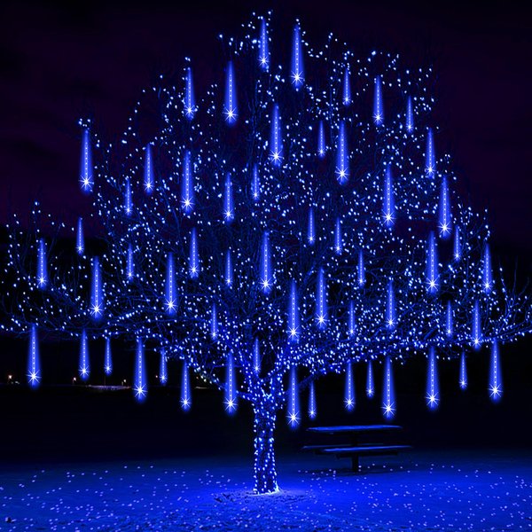 Adecorty Outdoor Christmas Lights Meteor Shower Lights UL Certified 8 Tubes 192 LED Snow Falling Rain Drop Lights Dripping Icicle String Lights for Christmas Tree Decorations Xmas Wedding Party, Blue