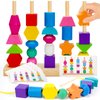 Montessori Toys for 2 3 4 Year Old Kid Boy Girl Toddler, Montessori Wooden Beads Sequencing Toy Set, Lacing Beads & Stacking Block & Matching Shape Stacker, STEM Preschool Learning Toy Birthday Gift