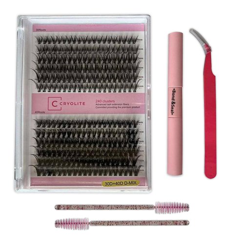 CRYOLITE False Eyelashes 240pcs, 30D+40D D Curl Lash Extensions Natural and Soft, Reusable with Waterproof Bond and Seal, Tweezer and Brushes For Self Application(9-16mm MIX KIT)