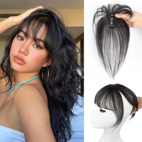 Vigorous Clip in Bangs Real Human Hair Bangs Hair Clip 360°Cover Wipsy Bangs Hair for Women Hairpieces Curved Bangs for Daily Wear Clip on Bangs for Women (Natural Black)