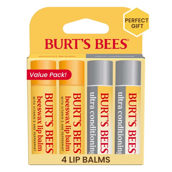 Burts Bees Beeswax and Ultra Conditioning Lip Balm Pack, Natural Origin Lip Care, 4 Tubes, 0.15 oz.