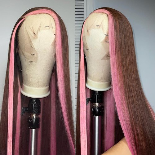 WKIPYCPK Pink Skunk Stripe Lace Front Wig Brown Hair Pink Highlights Streaks Lace Front Wigs Long Straight Hair Colored Synthetic Lace Front Wigs For Black Women Pre Plucked Hair