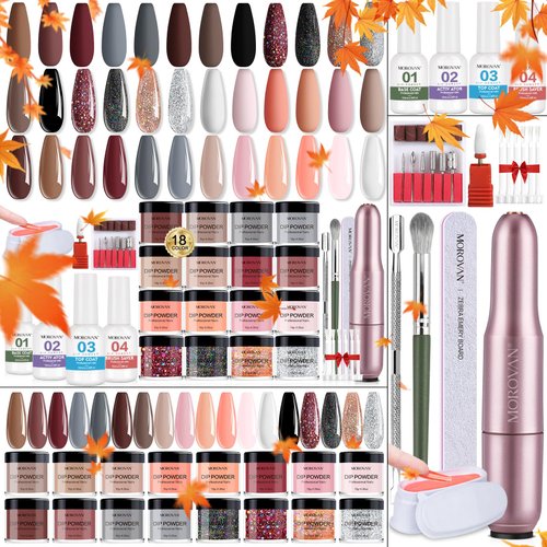 Morovan Dip Powder Nail Kit: Starter Kit 54pcs Nails Dipping Powder Set 18 Colors with Electric Nail Drill