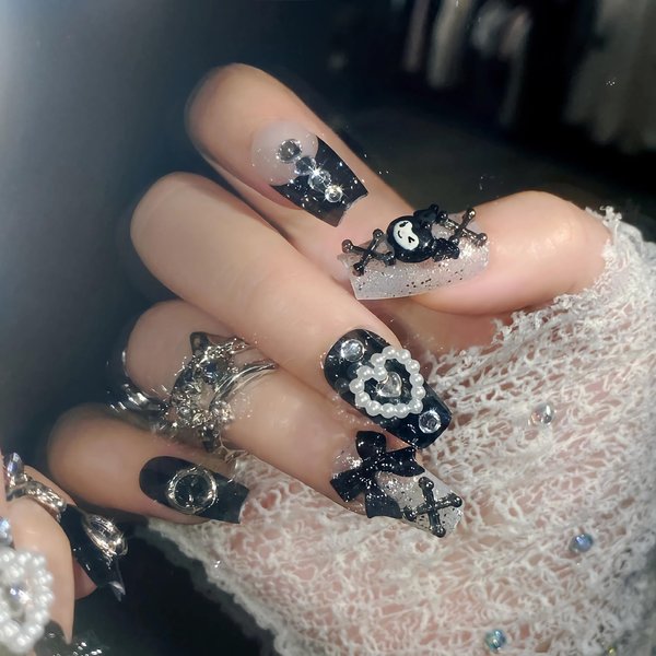 BABALAL Press on Nails Medium Coffin Fake Nails Black French Tip Glue ons Nails Cute Bow Anime Heart Charm Design Acrylic Nails 24Pcs Luxury Bling Ballerina Manicure DIY False Nails