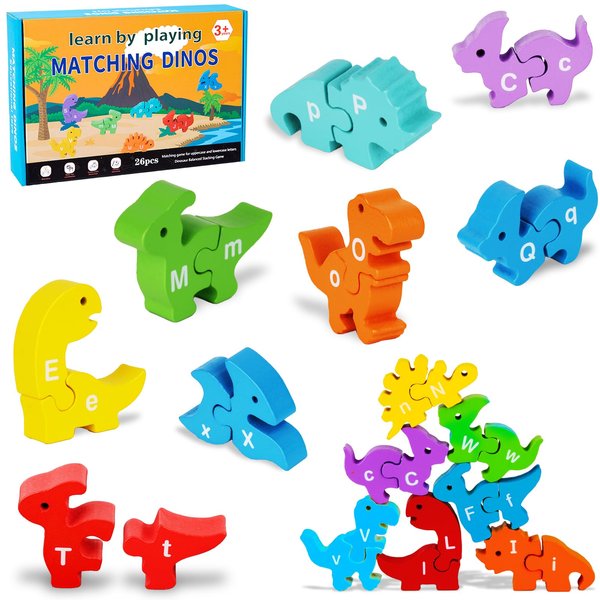 Montessori Alphabet Learning Toys, 26PCS Matching Letters Dinosaur Toy, ABC Learning Toys for Kids Ages 3-6, Montessori Toys for 3+ year old, Wooden Stacking Dinosaur Toys,Kids Favor Birthday Gifts