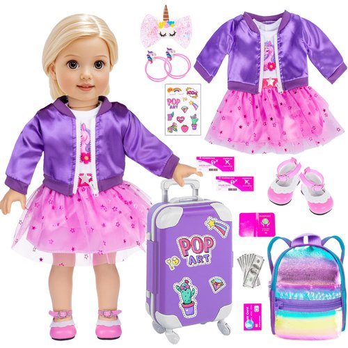 18 Inch Doll Clothes and Accessories School Supplies Playset Accesscories Doll Travel Suitcase Set Including Coat,Dress,Suitcase,Hairpin,Hair Ring,Stickers,Shoes (No Doll)